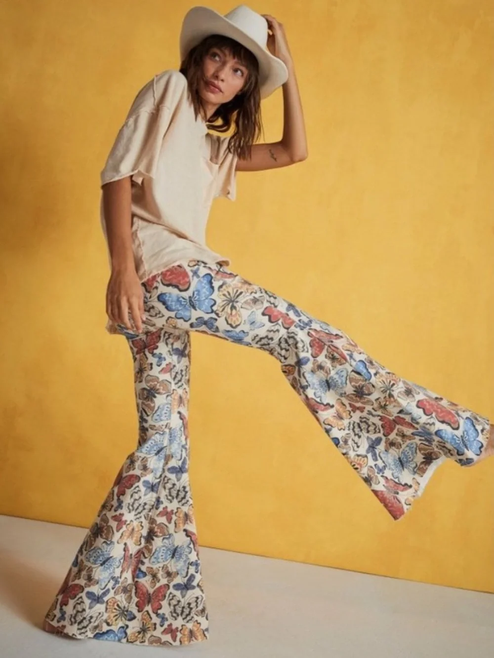 NWT Free People Just Float On Butterfly Print Flare Jeans 28 Boho Festival - Picture 6 of 11